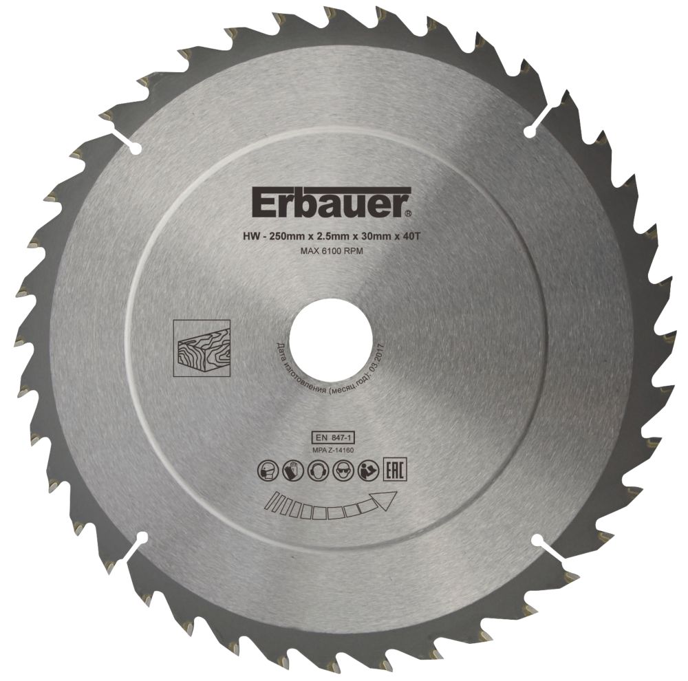 Erbauer Wood TCT Saw Blade 250mm X 30mm 40T Screwfix