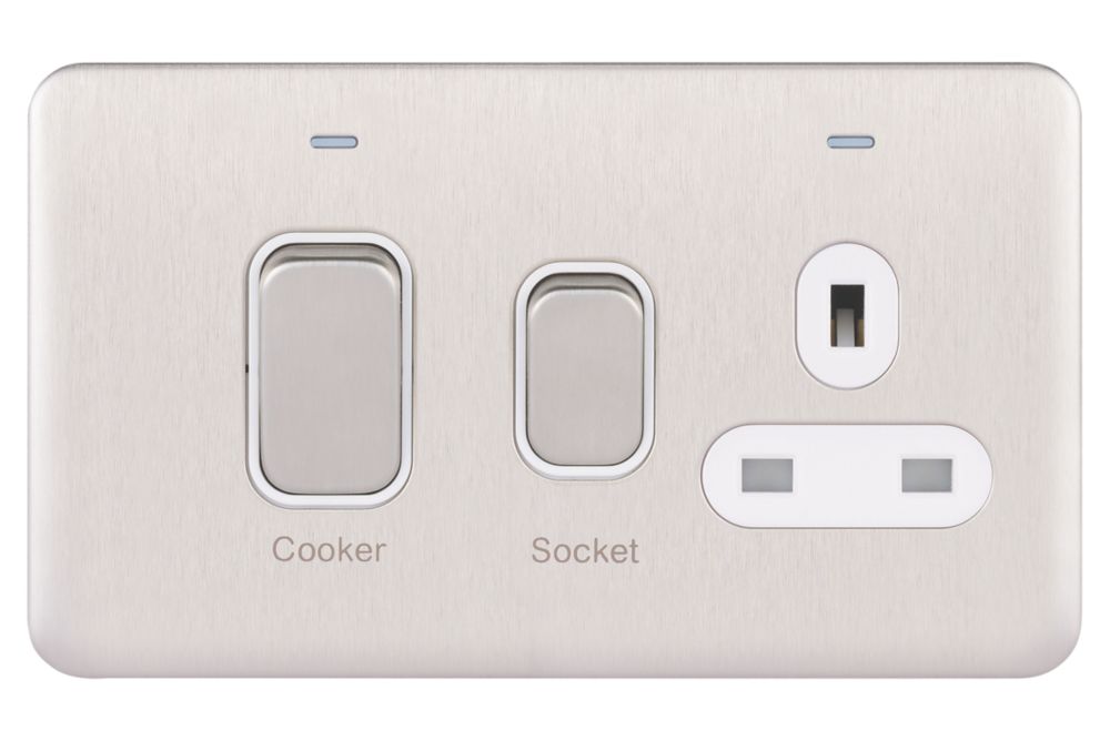 Schneider Electric Lisse Deco 45A 2-Gang DP Cooker Switch & 13A DP Switched Socket Brushed Stainless Steel with LED with White Inserts