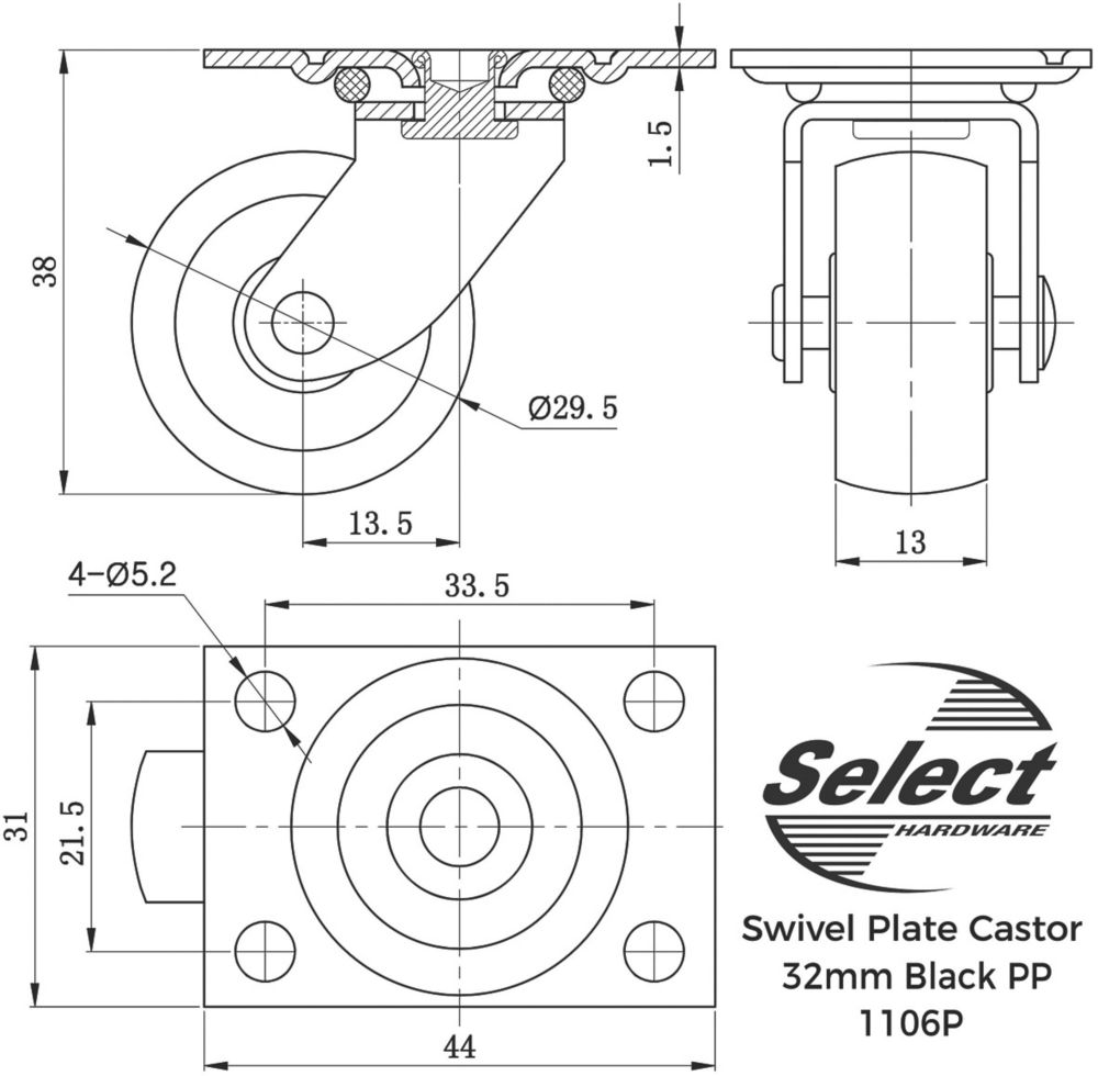 Select Single-Wheel Castor Plates 32mm 2 Pcs