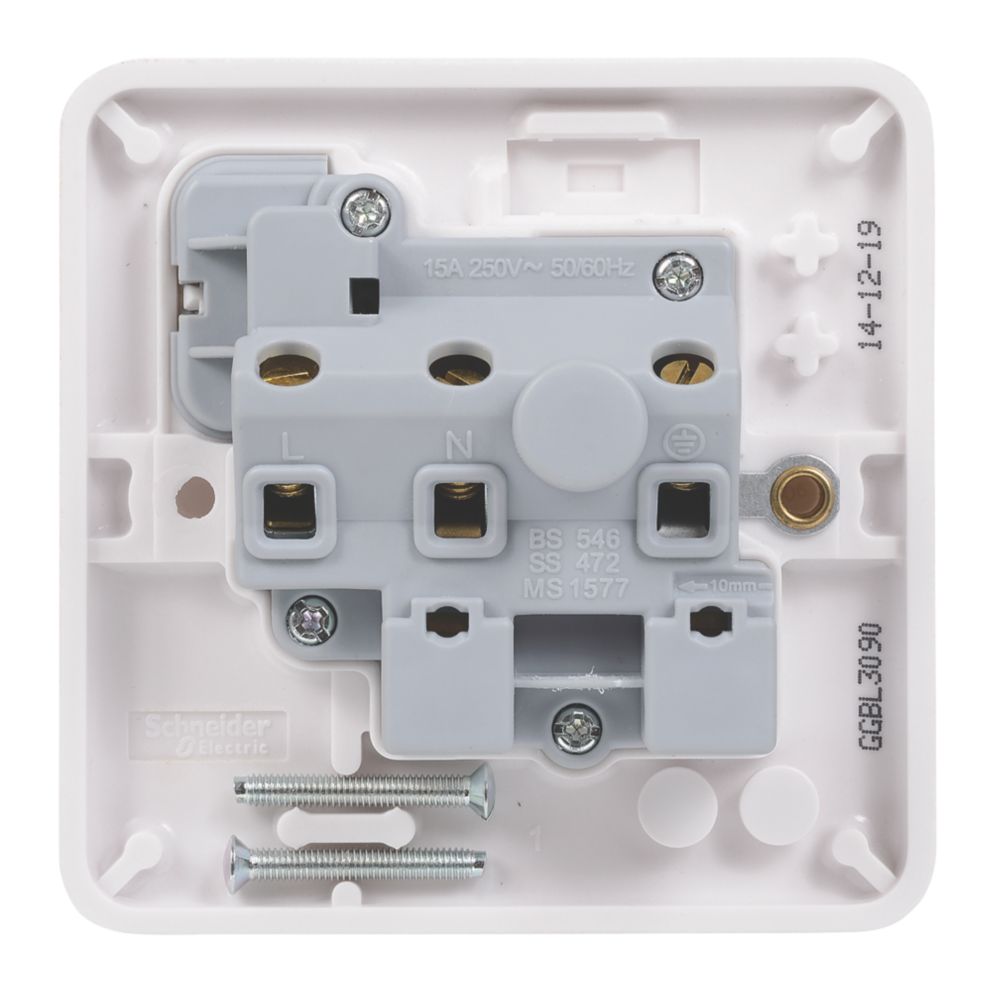 Schneider Electric Lisse 15A 1-Gang SP Switched Round Pin Plug Socket White