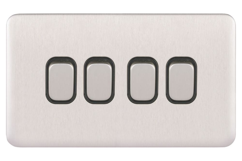 Schneider Electric Lisse Deco 10AX 4-Gang 2-Way Light Switch Brushed Stainless Steel with Black Inserts