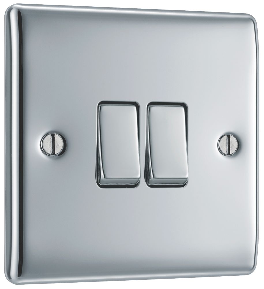 British General Nexus Metal 10AX 2-Gang 2-Way Light Switch Polished Chrome with Colour-Matched Inserts