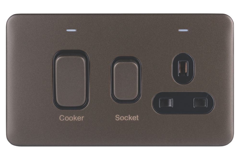 Schneider Electric Lisse Deco 45A 2-Gang DP Cooker Switch & 13A DP Switched Socket Mocha Bronze with LED with Black Inserts