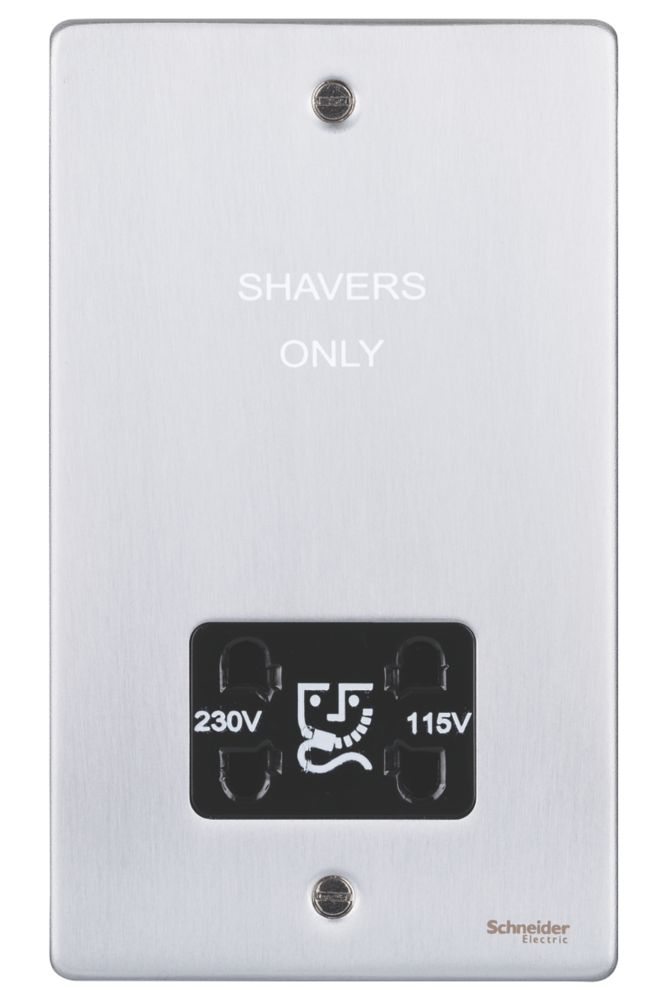 Schneider Electric Ultimate Low Profile 2-Gang Dual Voltage Shaver Socket 115 / 230V Brushed Chrome with Black Inserts