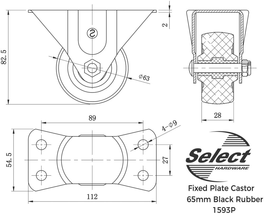 Select Heavy Duty Fixed Rubber Castor 64mm