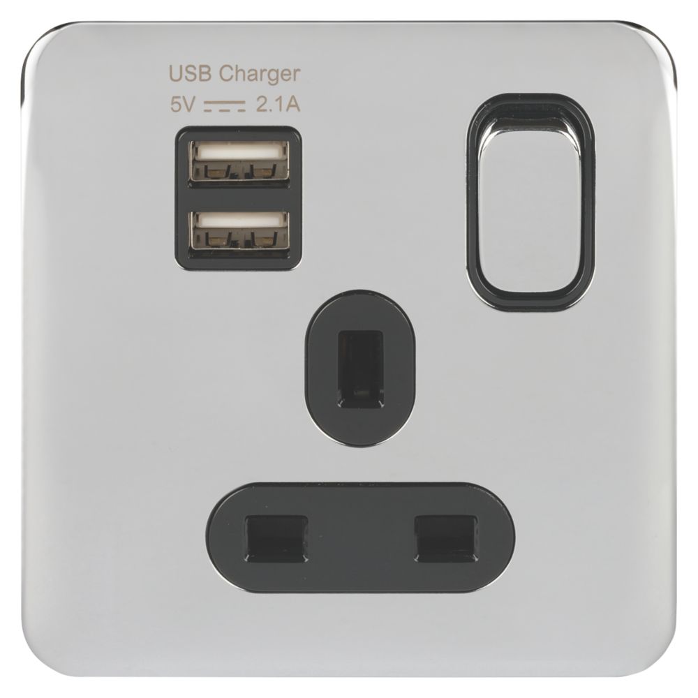 Schneider Electric Lisse Deco 13A 1-Gang SP Switched Socket + 2.1A 2-Outlet USB Charger Polished Chrome with Black Inserts