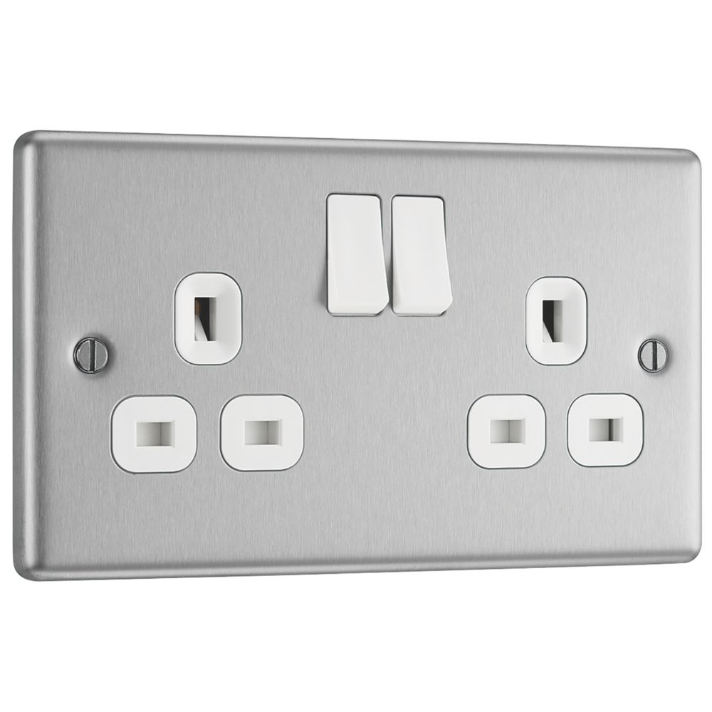 LAP 13A 2-Gang SP Switched Plug Socket Brushed Stainless Steel with White Inserts 5 Pack