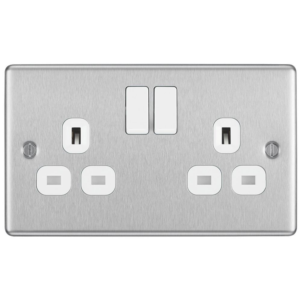 LAP 13A 2-Gang SP Switched Plug Socket Brushed Stainless Steel with White Inserts 5 Pack