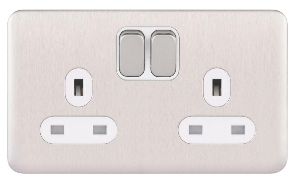 Schneider Electric Lisse Deco 13A 2-Gang SP Switched Plug Socket Brushed Stainless Steel with White Inserts