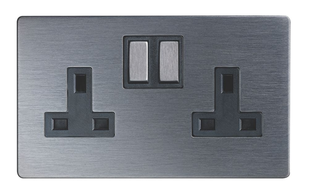 LAP 13A 2-Gang SP Switched Plug Socket Slate-Effect with Black Inserts