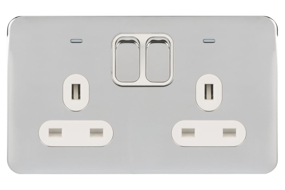 Schneider Electric Lisse Deco 13A 2-Gang DP Switched Plug Socket Polished Chrome with White Inserts