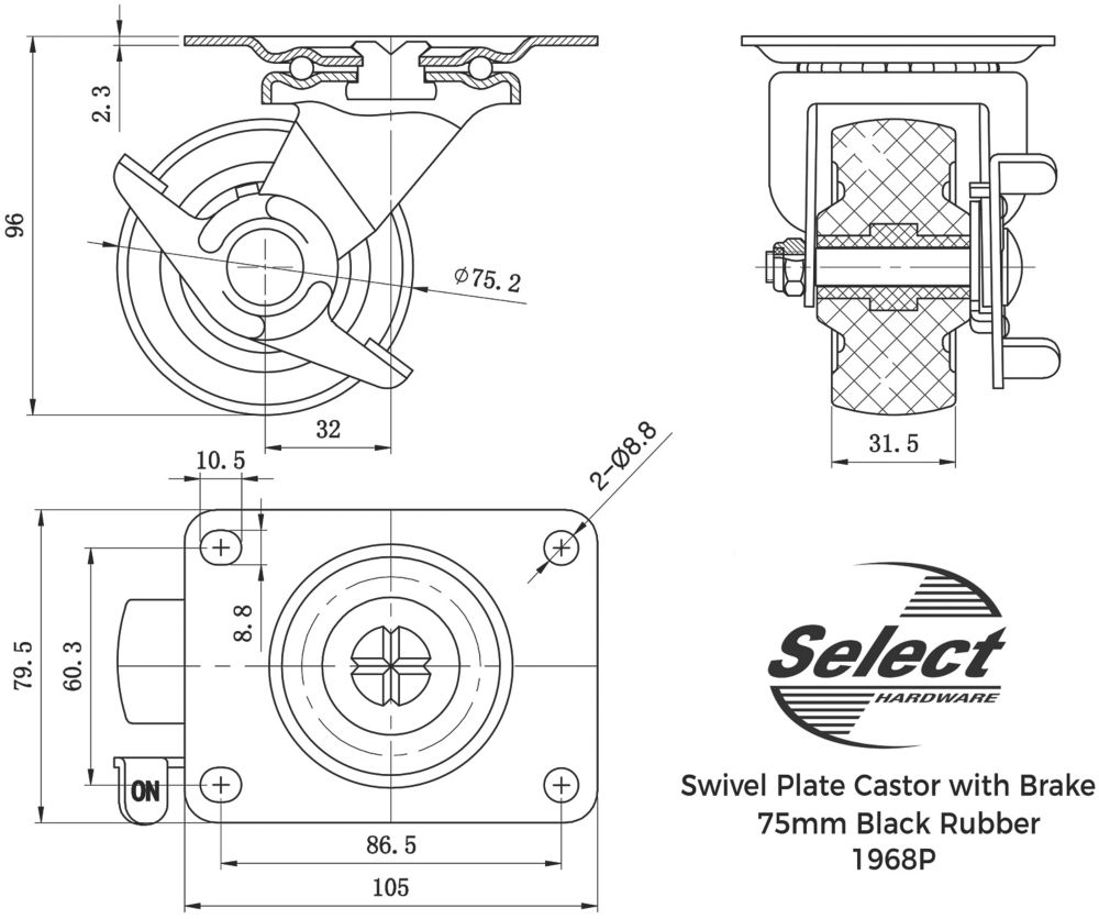 Select Heavy Duty Braked Swivel Castor 75mm