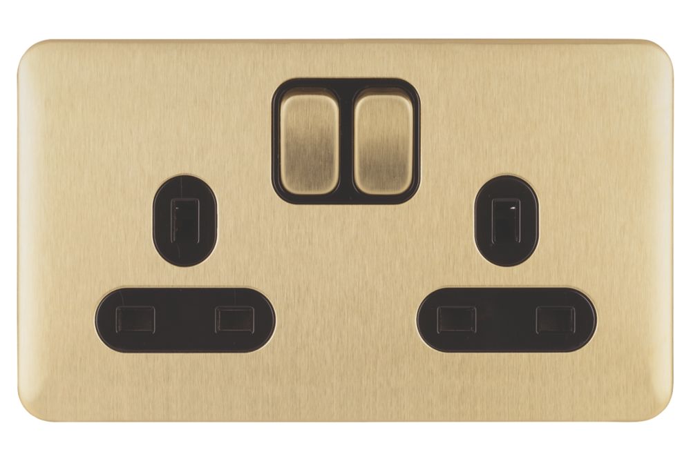 Schneider Electric Lisse Deco 13A 2-Gang SP Switched Plug Socket Satin Brass with Black Inserts