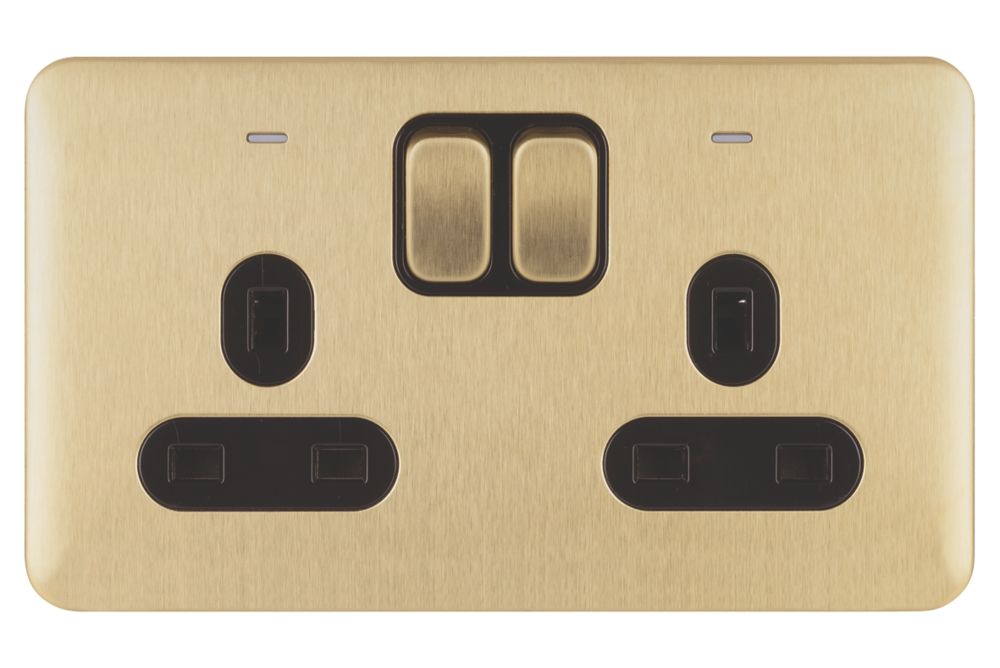 Schneider Electric Lisse Deco 13A 2-Gang DP Switched Plug Socket Satin Brass with Black Inserts