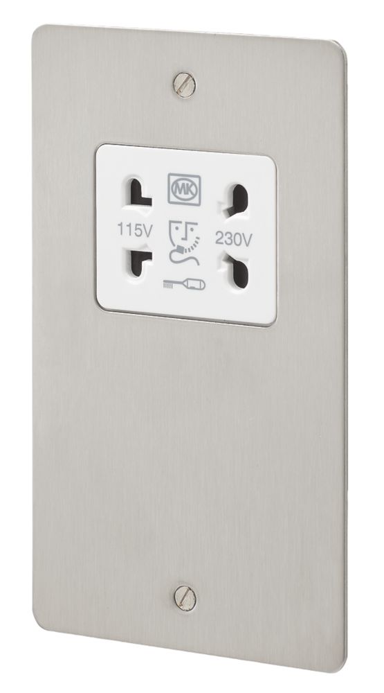 MK Edge 2-Gang Dual Voltage Shaver Socket 115 / 230V Brushed Stainless Steel with White Inserts Reviews