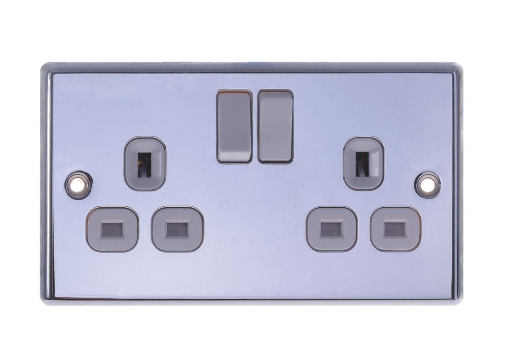 LAP 13A 2-Gang SP Switched Plug Socket Polished Chrome with White Inserts