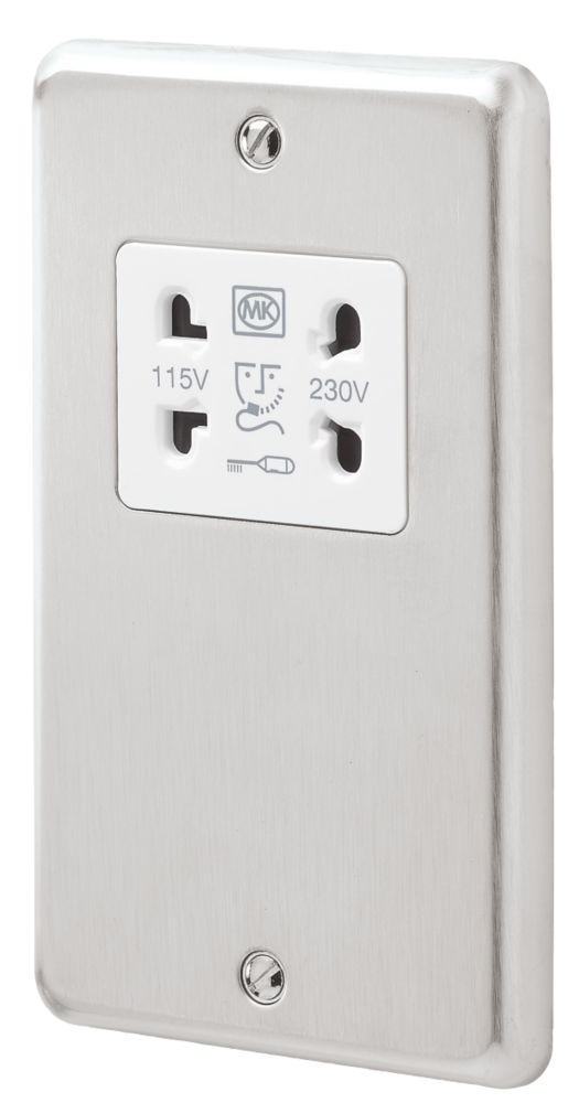 MK Albany Plus 2-Gang Dual Voltage Shaver Socket 115 / 230V Brushed Stainless Steel with White Inserts Reviews