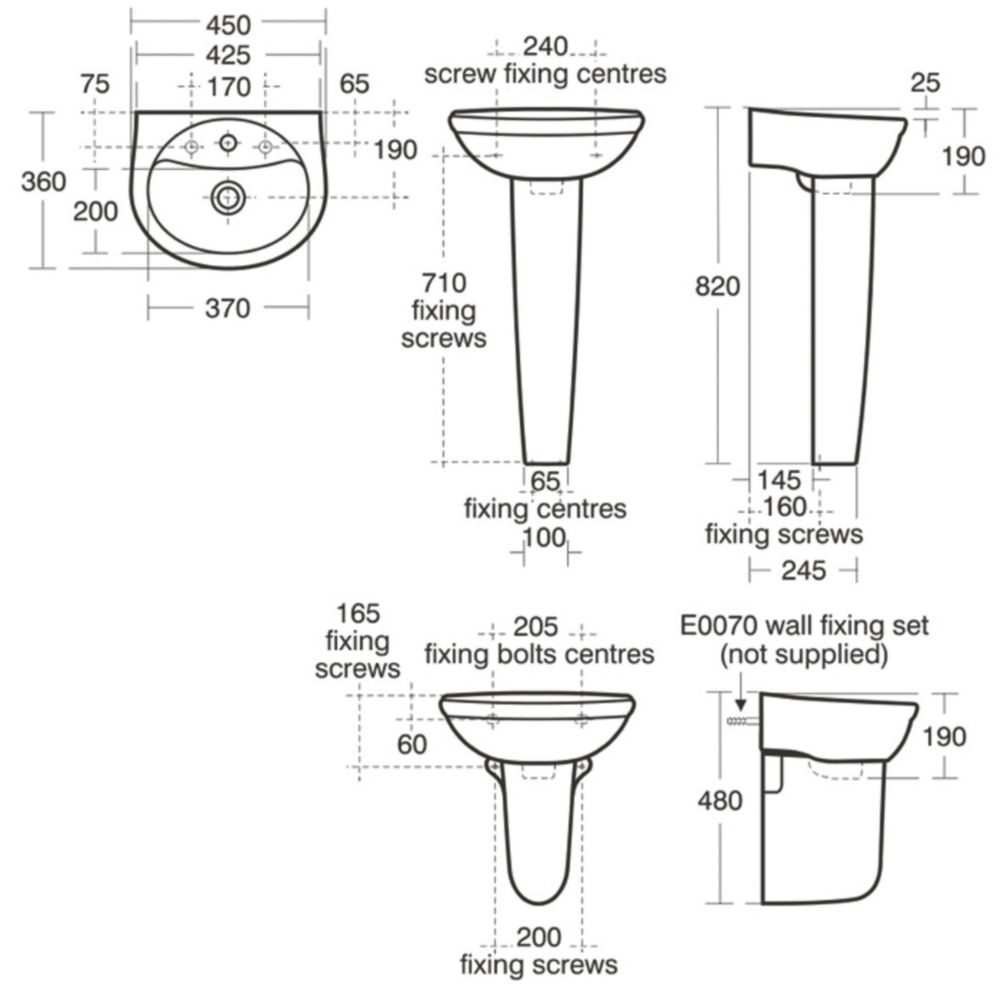 Ideal Standard Della Full Pedestal Cloakroom Basin 1 Tap Hole 450mm