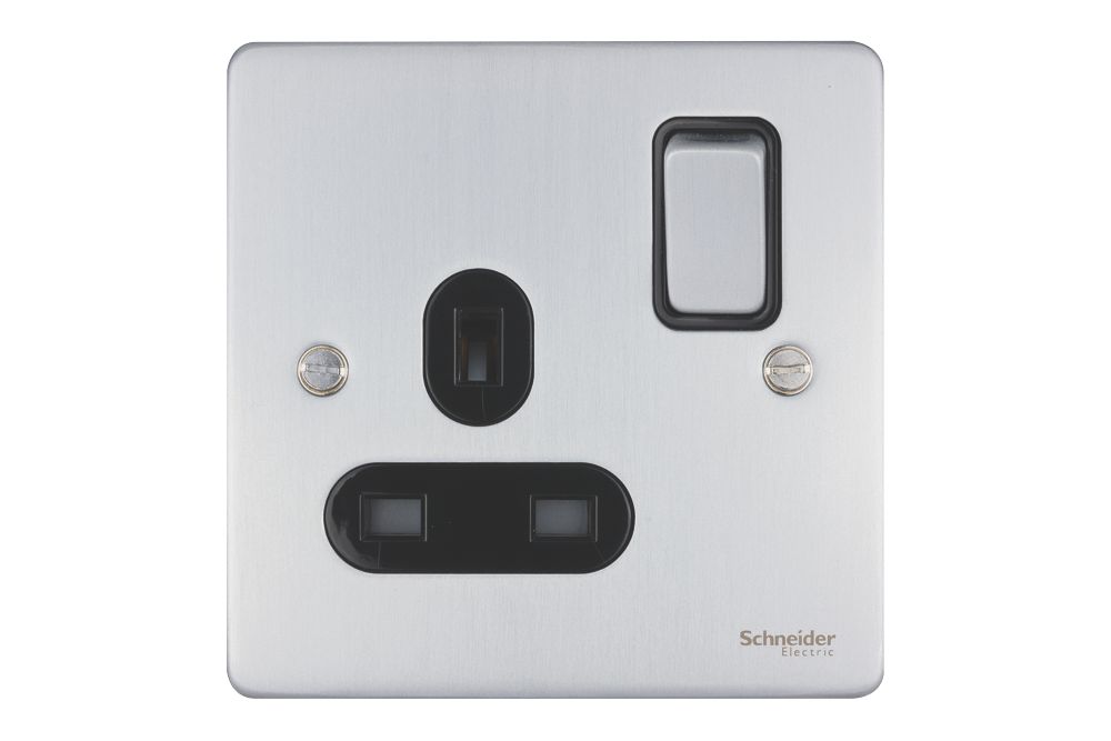 Schneider Electric Ultimate Low Profile 13A 1-Gang SP Switched Plug Socket Brushed Chrome with Black Inserts