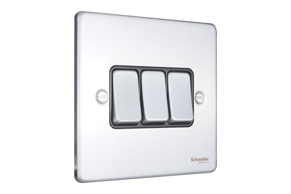 Schneider Electric Ultimate Low Profile 16AX 3-Gang 2-Way Light Switch Brushed Chrome with Black Inserts