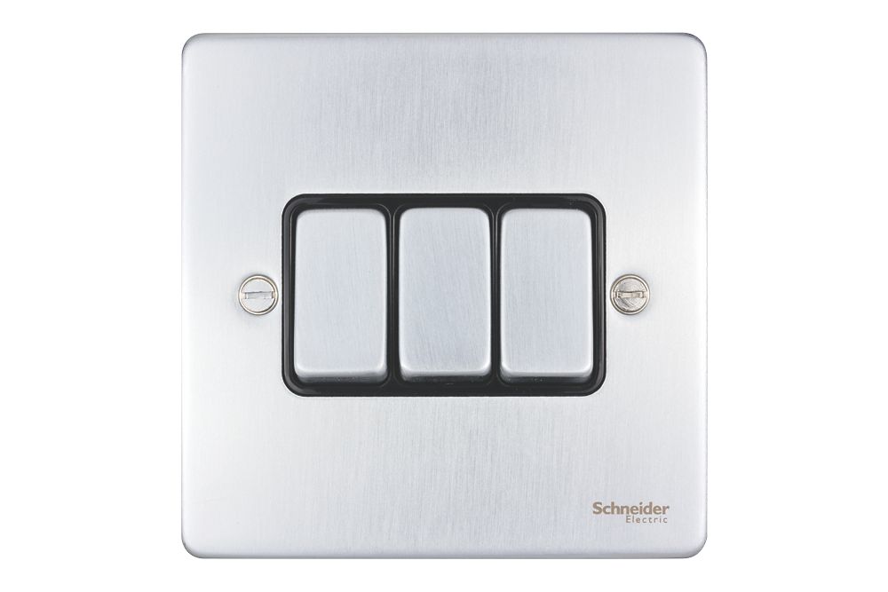 Schneider Electric Ultimate Low Profile 16AX 3-Gang 2-Way Light Switch Brushed Chrome with Black Inserts