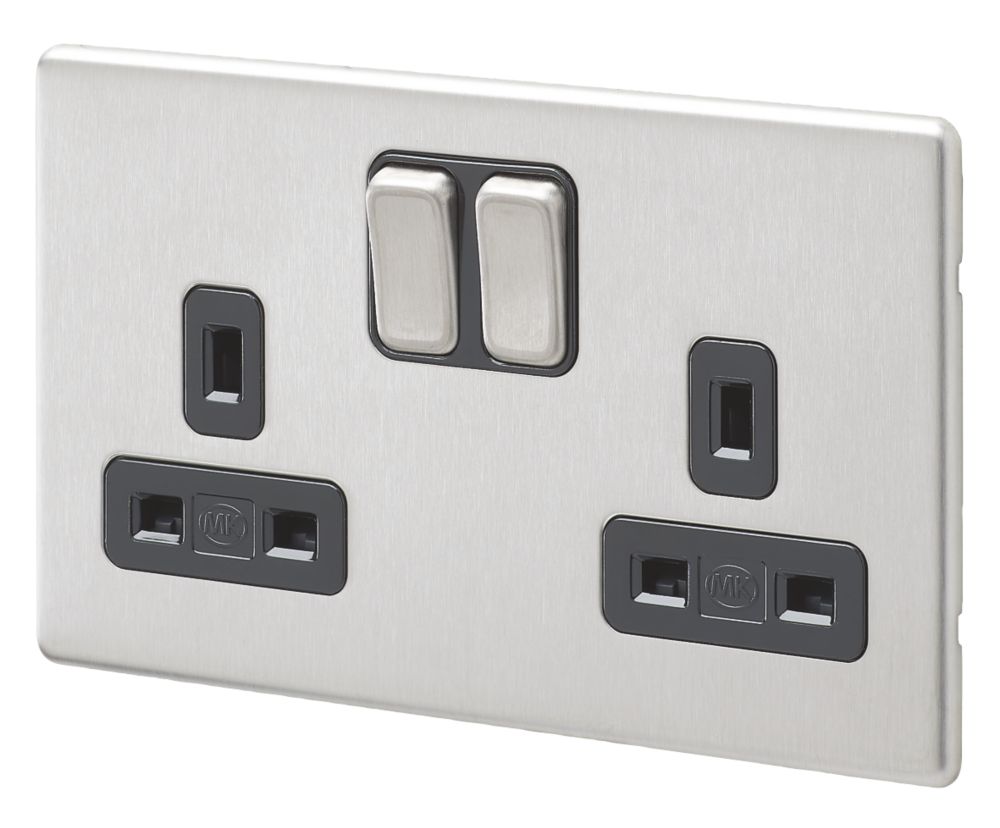 MK Aspect 13A 2-Gang DP Switched Plug Socket Brushed Stainless Steel with Black Inserts Reviews