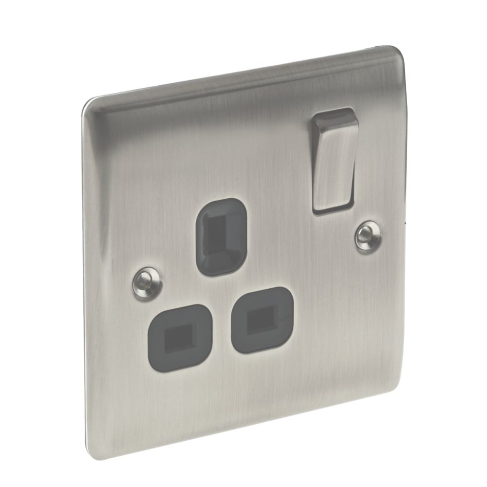 British General Nexus Metal 13A 1-Gang DP Switched Plug Socket Brushed Iridium with Black Inserts