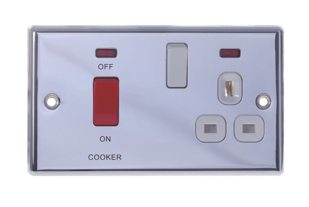 LAP 45A 2-Gang DP Cooker Switch & 13A DP Switched Socket Polished Chrome with Neon with White Inserts