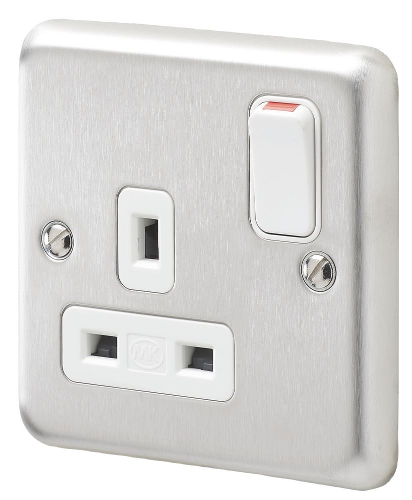 MK Albany Plus 13A 1-Gang DP Switched Plug Socket Brushed Stainless Steel with White Inserts Reviews