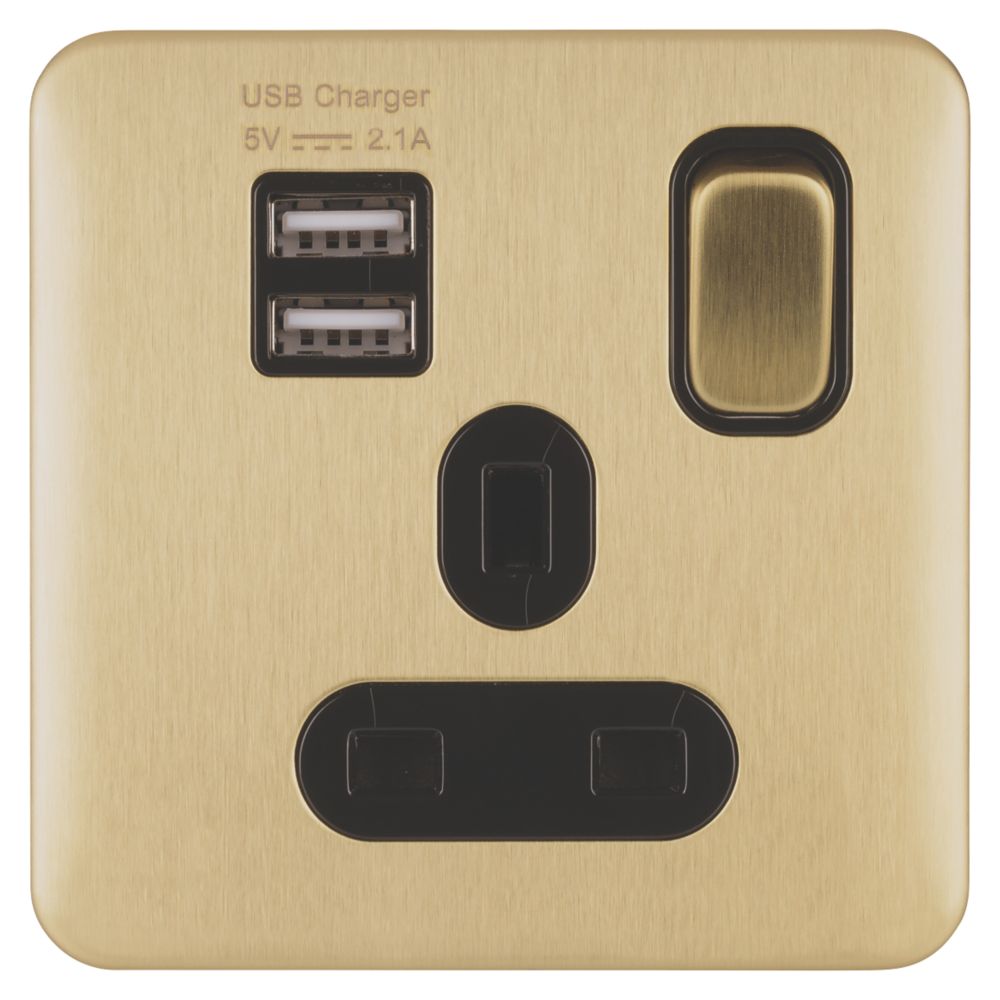 Schneider Electric Lisse Deco 13A 1-Gang SP Switched Socket + 2.1A 2-Outlet USB Charger Satin Brass with Black Inserts