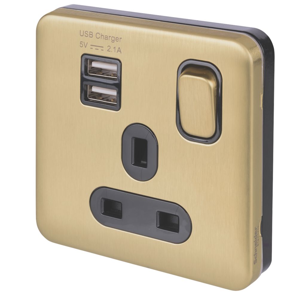 Schneider Electric Lisse Deco 13A 1-Gang SP Switched Socket + 2.1A 2-Outlet USB Charger Satin Brass with Black Inserts Reviews