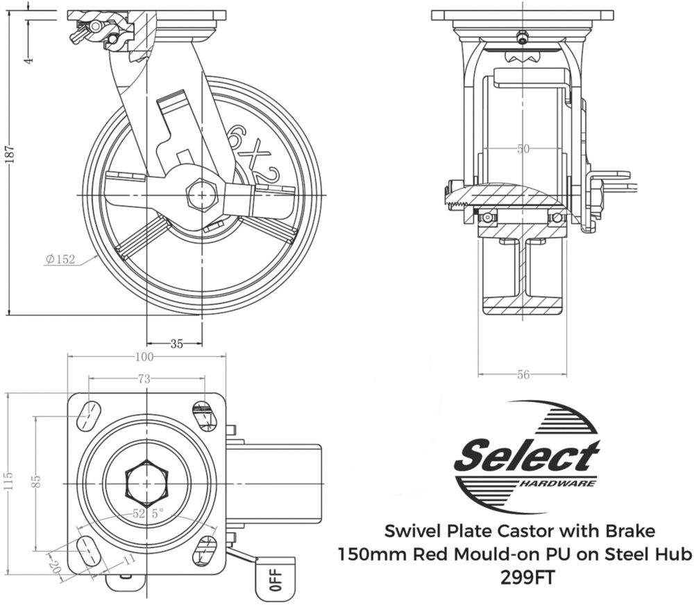 Select Heavy Duty Polypropylene Braked Swivel Castor 150mm