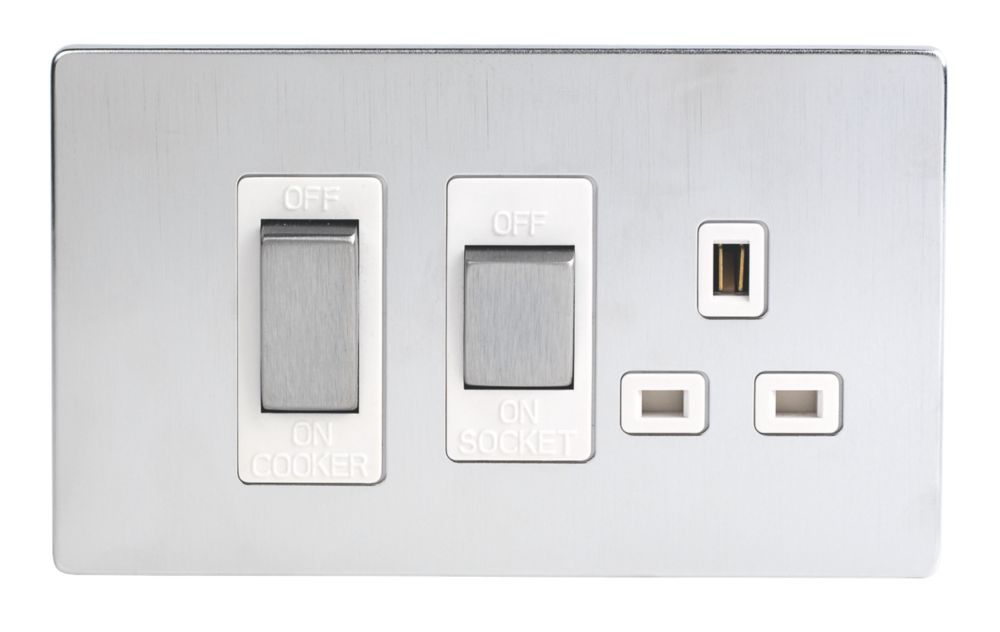 LAP 45A 2-Gang DP Cooker Switch & 13A DP Switched Socket Brushed Chrome with White Inserts