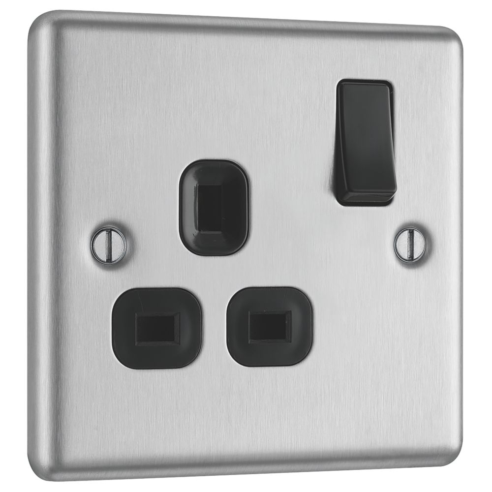 LAP 13A 1-Gang SP Switched Plug Socket Brushed Stainless Steel with Black Inserts