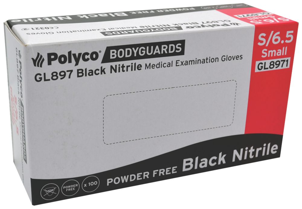 Polyco Bodyguards GL897 Nitrile Powder-Free Disposable Gloves Black Small 100 Pack