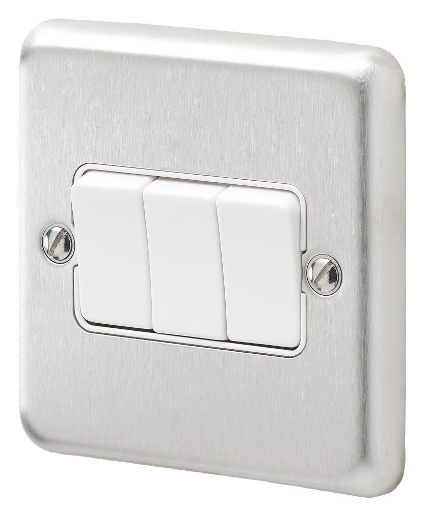 MK Albany Plus 10AX 3-Gang 2-Way Switch Brushed Stainless Steel with White Inserts Reviews