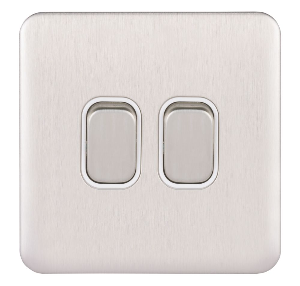 Schneider Electric Lisse Deco 10AX 2-Gang 2-Way Light Switch Brushed Stainless Steel with White Inserts