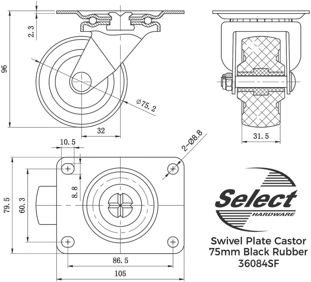 Select Heavy Duty Rubber Swivel Castor 75mm 4 Pack