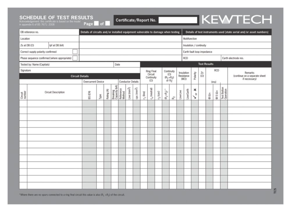 Kewtech TC5 Schedule of Test Results Up To 12 Ways Certificates Pad