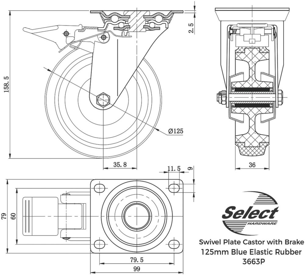 Select Heavy Duty Braked Swivel Castor 125mm