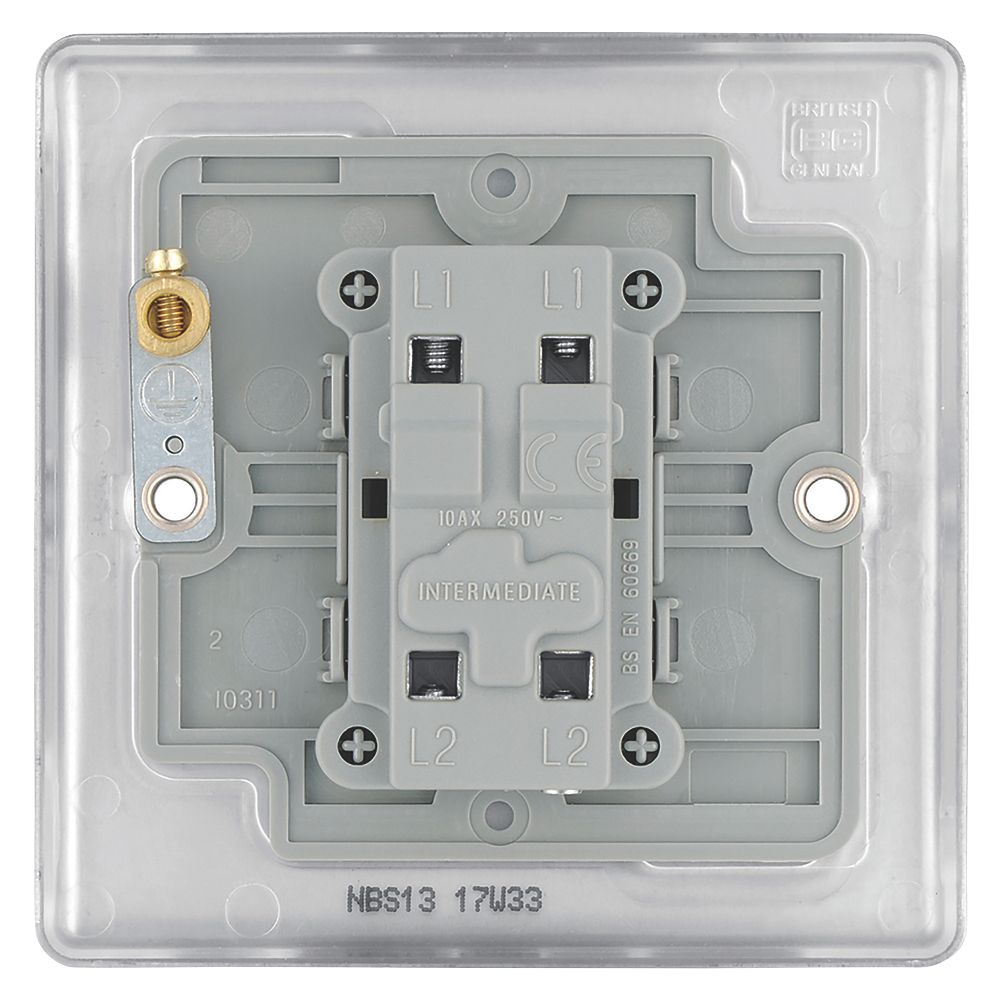 British General Nexus Metal 10AX 1-Gang Intermediate Switch Brushed Stainless Steel with Colour-Matched Inserts