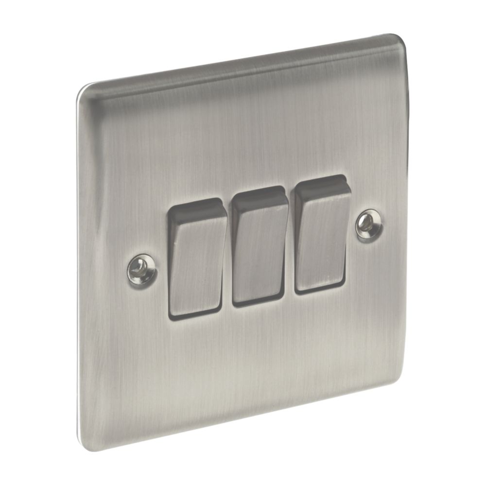 British General Nexus Metal 10AX 3-Gang 2-Way Light Switch Brushed Iridium with Colour-Matched Inserts