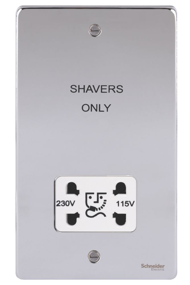 Schneider Electric Ultimate Low Profile 2-Gang Dual Voltage Shaver Socket 115 / 230V Polished Chrome with White Inserts