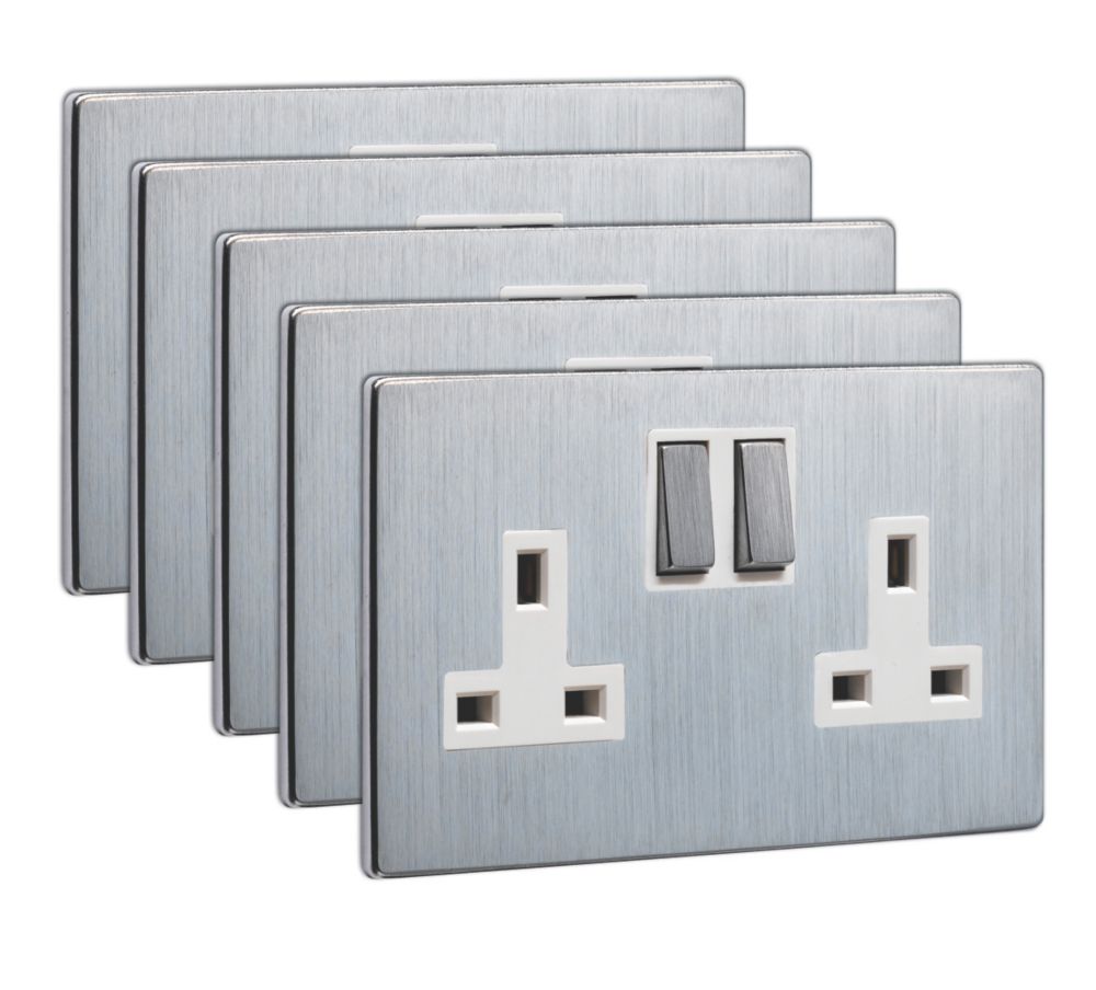 LAP 13A 2-Gang DP Switched Plug Socket Brushed Chrome with White Inserts 5 Pack