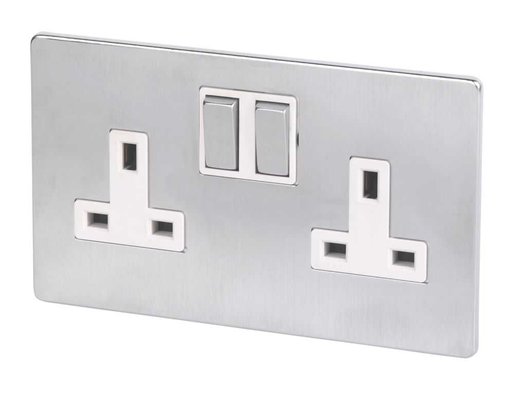 LAP 13A 2-Gang DP Switched Plug Socket Brushed Chrome with White Inserts 5 Pack