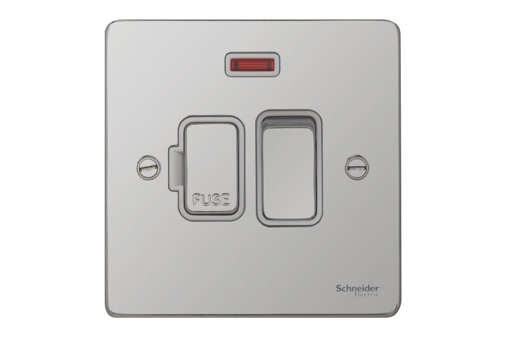 Schneider Electric Ultimate Low Profile 13A Switched Fused Spur with Neon Polished Chrome with White Inserts