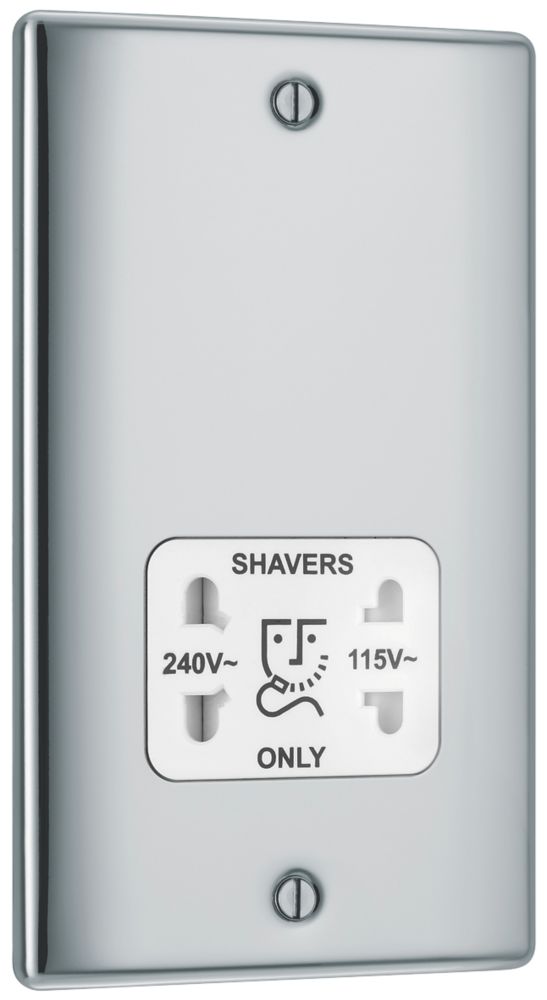 British General Nexus Metal 2-Gang Dual Voltage Shaver Socket 115 / 240V Polished Chrome with White Inserts