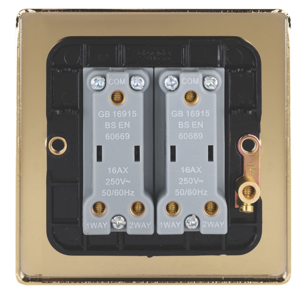 Schneider Electric Ultimate Low Profile 16AX 2-Gang 2-Way Light Switch Polished Brass with Black Inserts