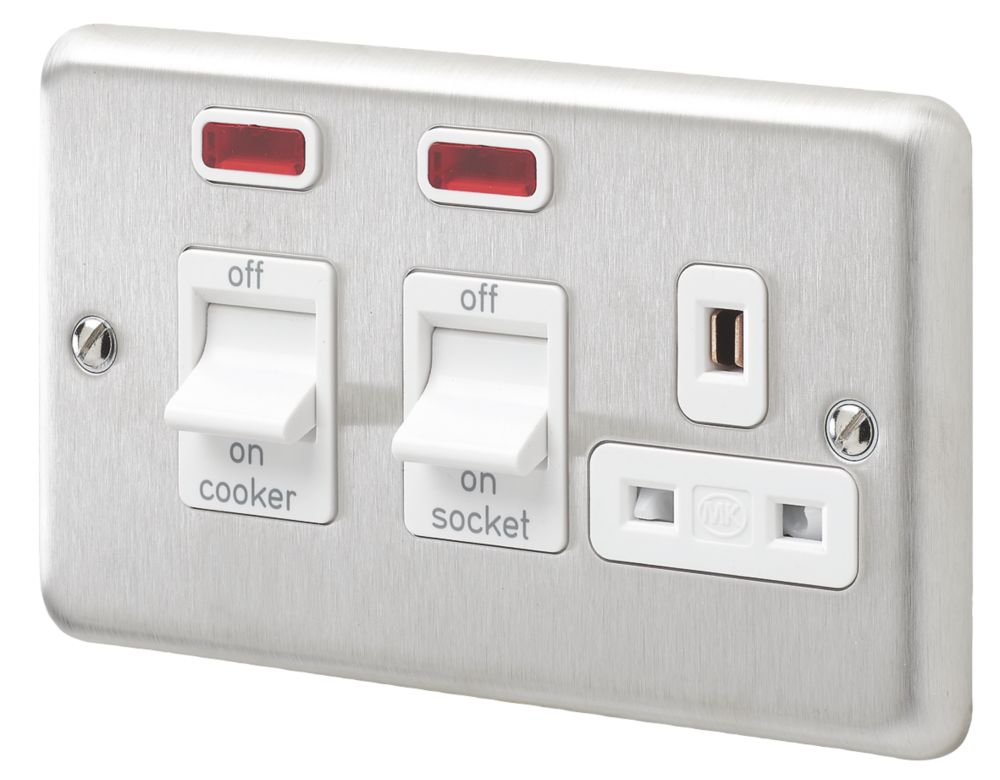 MK Albany Plus 45A 2-Gang DP Cooker Switch & 13A DP Switched Socket Brushed Stainless Steel with Neon with White Inserts Reviews