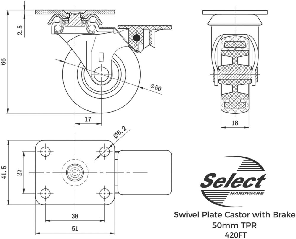 Select TPR Braked Swivel Castor 50mm